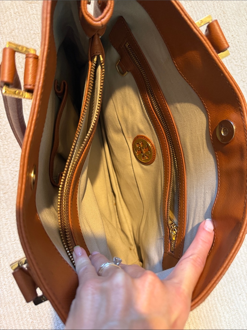Tory Burch Cognac Leather Double-Handle Tote - Picture 6 of 6